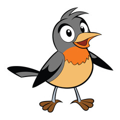 Cartoon bird with orange neck, brown feet, and gray feathers happily stands