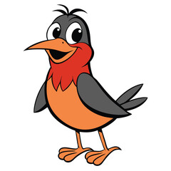 Happy cartoon robin bird with orange breast and grey wings stands cheerfully upright
