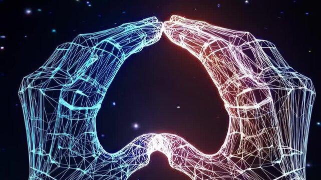 Digital wireframe hands forming a glowing sphere in space. Futuristic wireframe design with hands, glowing effects, and space elements. Vibrant digital art.