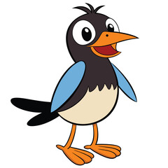 Cheerful cartoon bird with blue wings and orange beak stands smiling broadly on white