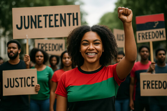 Joyful african american woman at juneteenth celebration raising fist in pride and unity with a supportive crowd. concept of freedom, justice, empowerment, cultural heritage
