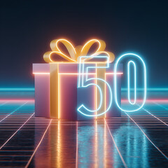 modern 50th birthday card background; neon design with number and copy space; concept festive birthday / anniversary celebration; black backdrop