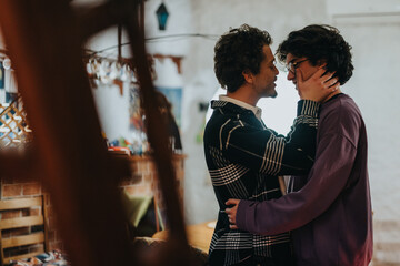 An intimate and heartfelt interaction between two people captured indoors, within a warm and inviting environment, showcasing connection, emotions, and affection with an artistic perspective.