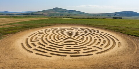 Aerial view of mysterious crop circle pattern in golden wheat field landscape