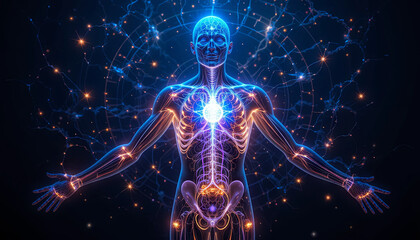 A detailed representation of human anatomy adorned with glowing cosmic elements presents an ethereal blend of science and spirituality