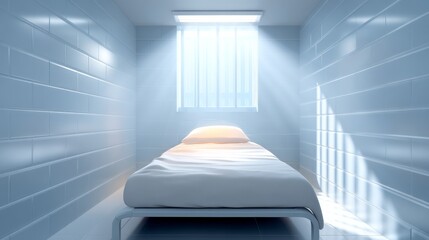 Fototapeta premium Interior of a Minimalist Prison Cell Featuring a Single Bed and Soft Natural Light Through Barred Window