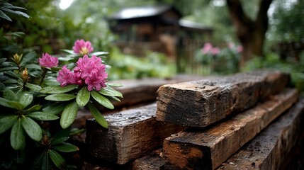 Rhododendrons and old timbers in garden