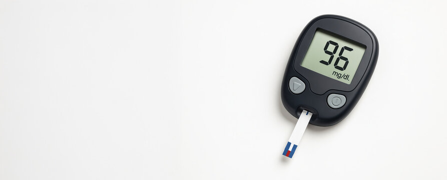 Digital glucose meter showing blood sugar level of 96 mg/dl on a white background. concept of health monitoring, diabetes management, medical device simplicity, Banner, copy space