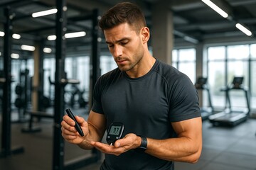 Caucasian man in gym checking blood glucose level with device. concept of health monitoring, fitness routine, diabetic lifestyle, modern technology in exercise