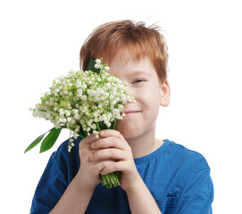 Boy with bouquet of beautiful lily-of-the-valley flowers on white background