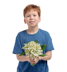 Boy with bouquet of beautiful lily-of-the-valley flowers on white background