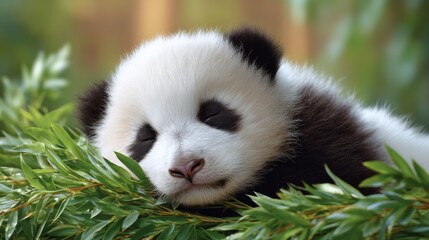 Panda Cub Peacefully Napping on Soft Bamboo Leaves in a Serene Forest Environment