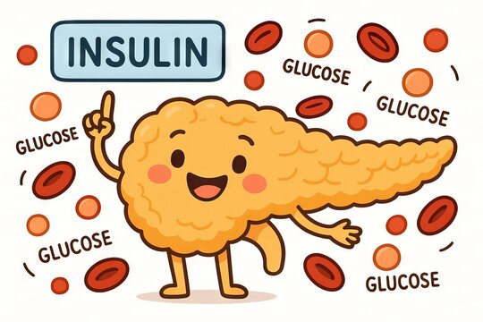 Happy cartoon pancreas celebrating insulin production with glucose and red blood cells. concept of diabetes awareness, endocrine health, medical education