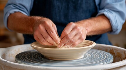 Potter Shaping Clay on the Wheel in a Warm Workshop with Focused Hands