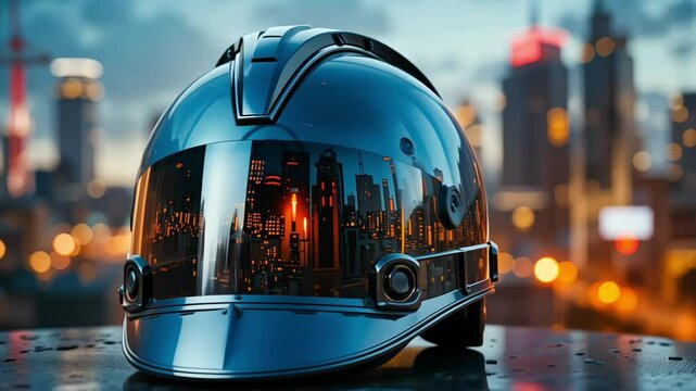 Construction helmet reflecting night cityscape with neon lights in urban background