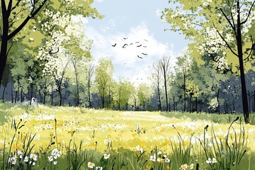 Obraz premium Open Field with Trees and Birds Flying