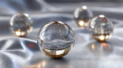   A collection of lustrous glass spheres resting atop a silver tablecloth, adorned with satin fabric and illuminated from above by bright lights