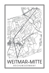Naklejka premium Hand drawn printable downtown road map poster of borough WEITMAR-MITTE of the German city of BOCHUM on solid white background with city name