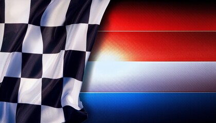 pop art checkered racing flag on stylish metallic red white and blue background