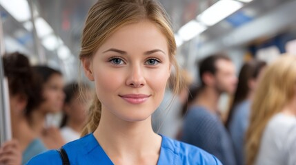 Obraz premium Young Nurse in Scrubs Standing Confidently in a Subway Train Surrounded by Commuters
