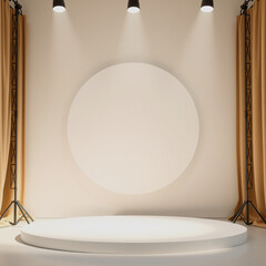 Empty circular stage with spotlight and curtains for product presentation and advertisement