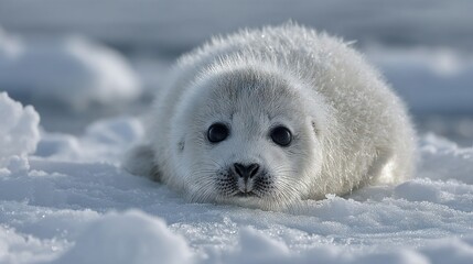   A close-up of a baby seal resting in the snow with its head back and wide-open eyes