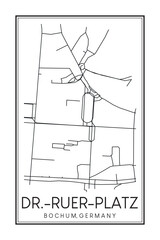 Hand drawn printable downtown road map poster of borough DR.-RUER-PLATZ of the German city of BOCHUM on solid white background with city name
