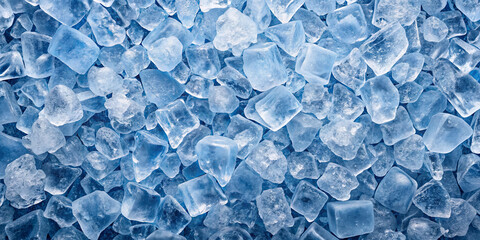A close-up view of assorted ice cubes with different shapes and sizes, a perfect addition for beverages and culinary uses. The translucent ice shines in various angles