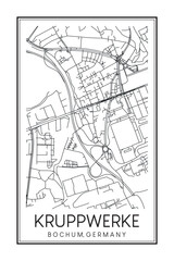 Hand drawn printable downtown road map poster of borough KRUPPWERKE of the German city of BOCHUM on solid white background with city name