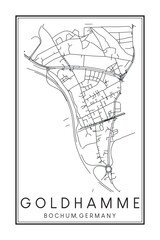 Hand drawn printable downtown road map poster of borough GOLDHAMME of the German city of BOCHUM on solid white background with city name