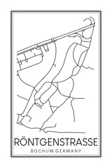Hand drawn printable downtown road map poster of borough RÖNTGENSTRASSE of the German city of BOCHUM on solid white background with city name