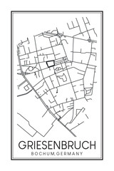 Hand drawn printable downtown road map poster of borough GRIESENBRUCH of the German city of BOCHUM on solid white background with city name