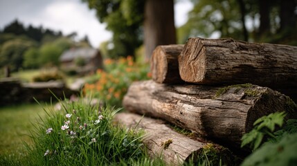Rustic timber logs amidst serene greenery