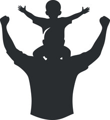 Silhouette of a father raising his child on shoulders with arms raised in joyful celebration.