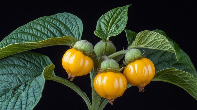 Vibrant Yellow Fruits of Cocona Plant, Solanum Sessiliflorum, Isolated on Black Background