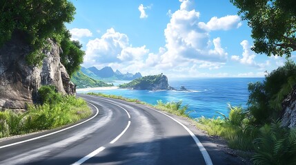 Scenic coastal road winding through lush tropical landscape.