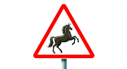 A warning sign with a red triangle and a black horse rearing up inside on a white background post visible