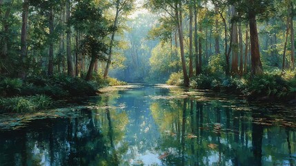 Obraz premium A river painting in a dense forest, surrounded by tall trees on either bank
