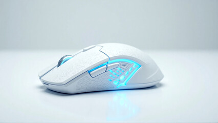 Close-Up Futuristic White Wireless Computer Mouse with Blue LED Lights - Generative AI 