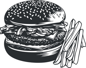 Black and white illustration of a cheeseburger with lettuce tomato and fries side dish
