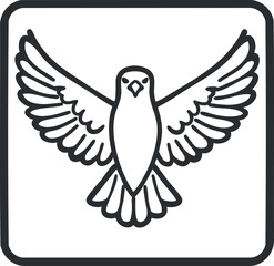 Obraz premium Black and white line icon of a dove with wings spread wide inside rounded square frame symbolizing peace and freedom