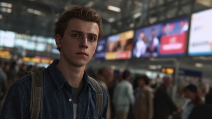 Fototapeta premium Young Man with Curly Hair Standing in a Bustling Airport Terminal Surrounded by Travelers