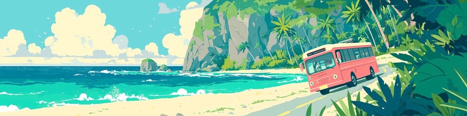 Red bus driving on a tropical road next to a beach. Travel and vacation by bus on a coastal road. Summer holiday trip vector illustration.