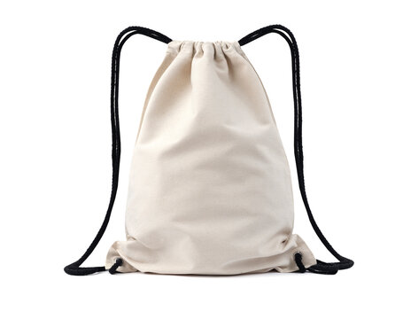 Cotton canvas burlap bag with drawstring. Mock up isolated. Zero waste concept.  Eco sack made from natural cotton fabric cloth.
