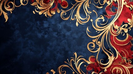 Ornate floral design on a dark background with red accents.