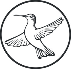 Fototapeta premium Black and white line art illustration of a hummingbird in flight inside a circle outline