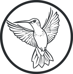 Obraz premium Black and white line art illustration of a hummingbird with detailed wings inside a circle outline