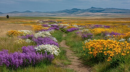 Obraz premium A field of wildflowers and a dirt path in the center surrounded by majestic mountains