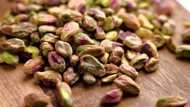 Peeled pistachio kernels falling on wooden table in slow motion close-up. Dried natural nut ingredient