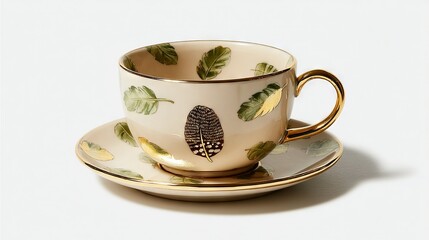 Fototapeta premium A teacup with a saucer featuring a leaf design etched into its interior